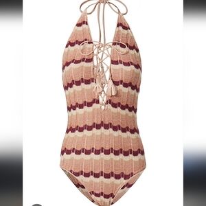 SUBOO l M Boho Ombré Metallic Zig-Zag Knit Lace-up Tassel Tie One Piece Swimsuit